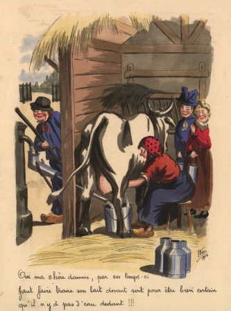 Caricature d'Emile Keym illustrant le coupage du lait avec de l'eau. ©Archives de la Ville de Bruxelles