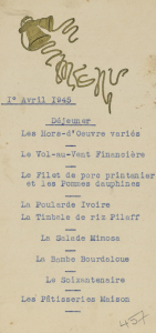 Menu de Pâques, 1er evril 1945, BMD, cote : M II-1518
